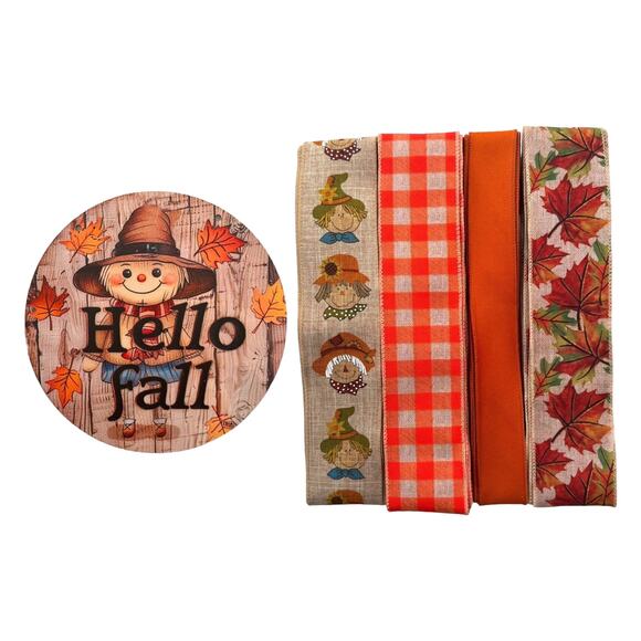 Fall Scarecrow Wreath Making Kit | Hello Fall Sign Leaves & Coordinating Ribbons - Picture 1 of 7